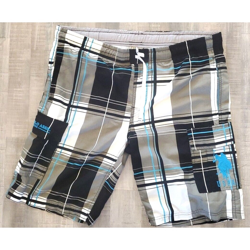 U.S. Polo Assoc Ralph Lauren Shorts Mens L‎ Gray Plaid Pockets Board Swimwear
